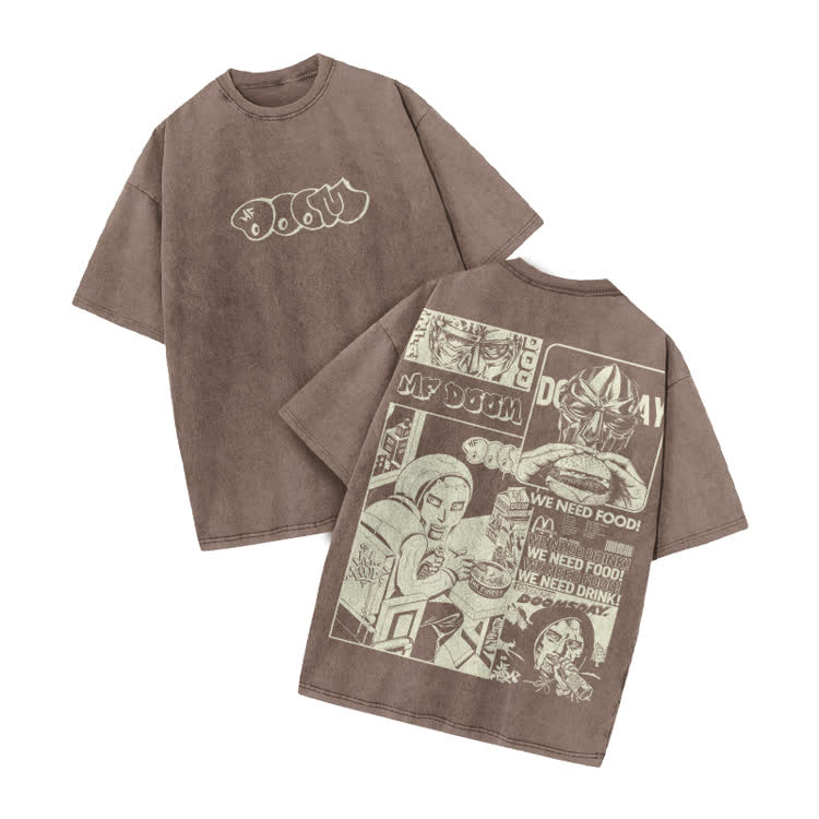 Urban Vintage Streetwear Comic Panel  Acid Washed T-Shirt - Coffee - US20-22(3XL) - image 3