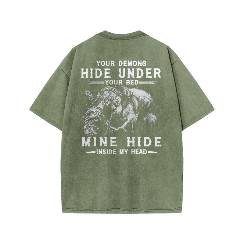 100% Cotton Viking Your Demons Hide Under You Gym Print Acid Washed T-shirt - Army Green - US20-22(3XL) - image 5