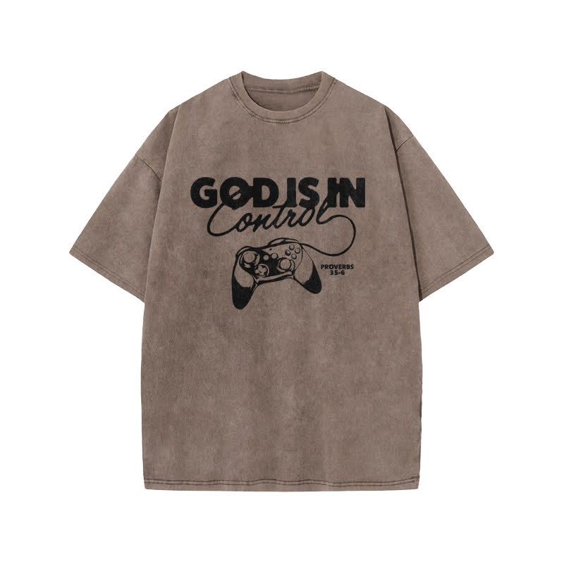 Unisex Cute God Is In Control Print Acid Washed T-shirt - Coffee - US20-22(3XL) - image 3