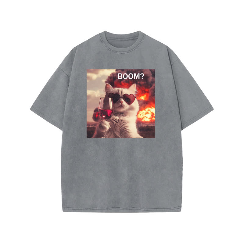 Unisex 100% Cotton Elegant And Calm Cat Print Acid Washed T-shirt - Grey - US20-22(3XL) - image 4