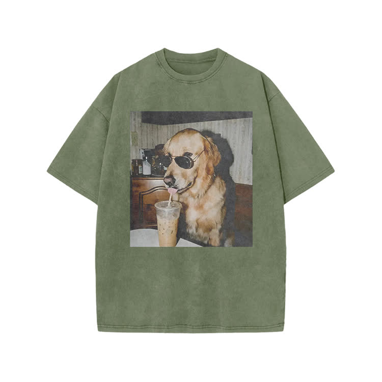 Vintage Dog Photo Print Acid Washed T-shirt - Army Green - US20-22(3XL) - image 5