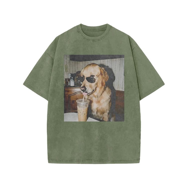 Vintage Dog Photo Print Acid Washed T-shirt - Army Green - US20-22(3XL) - image 5