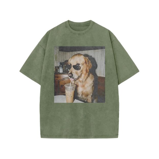 Vintage Dog Photo Print Acid Washed T-shirt - Army Green - US20-22(3XL) - image 5