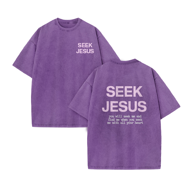 You Will Seek Me And Find Me When You Seek Me With All Your Heart Print Acid Washed T-shirt - Purple - US20-22(3XL) - image 8