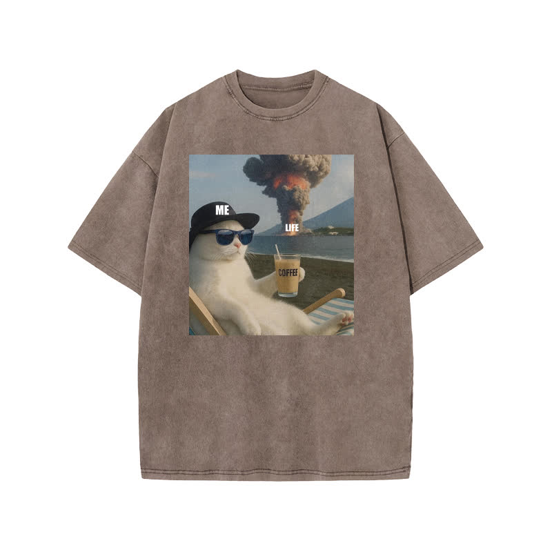 Unisex 100% Cotton Life Explosion Print Acid Washed T-shirt - Coffee - US20-22(3XL) - image 3