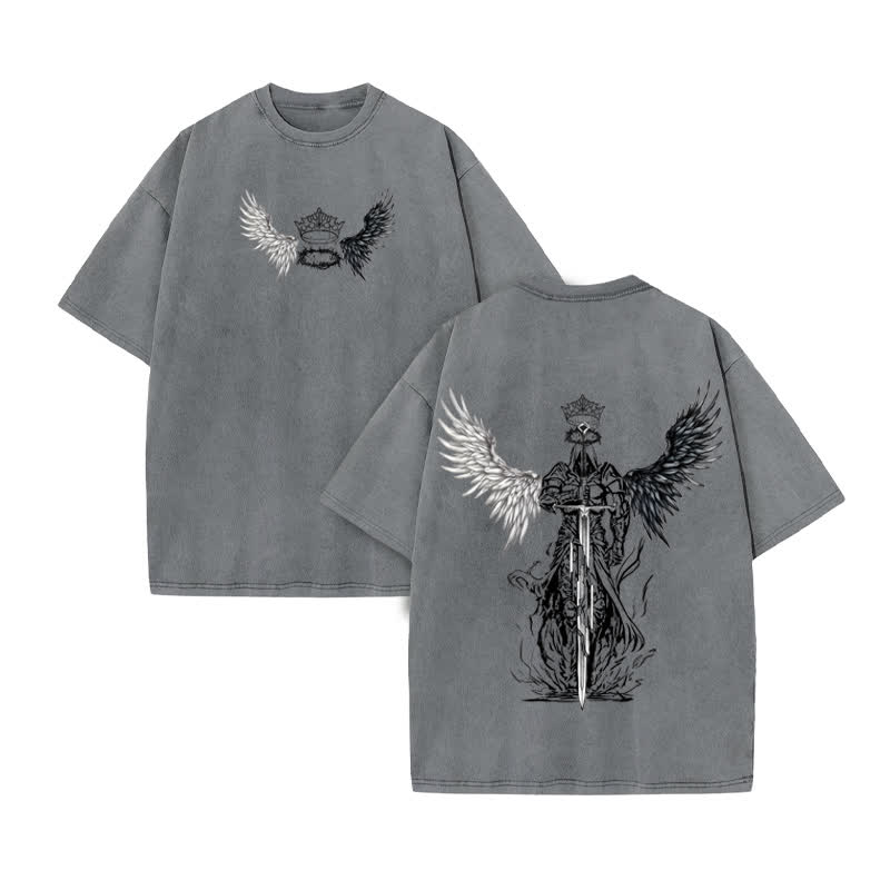 Unisex 100% Cotton Holy Blade Print Acid Washed T-shirt - Grey - US20-22(3XL) - image 5