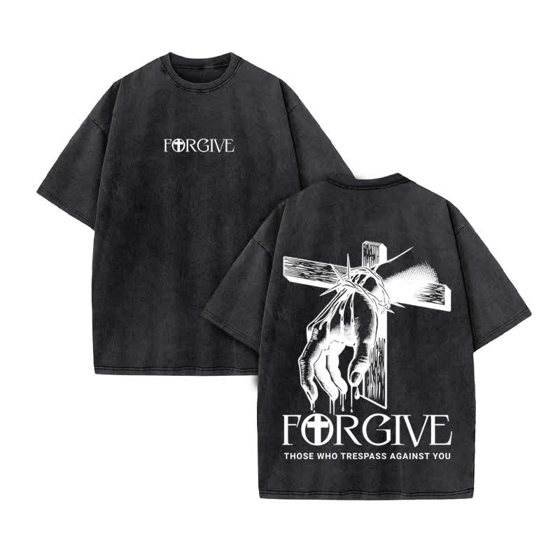 Unisex 100% Cotton Forgive Print Acid Washed T-shirt - Black - US20-22(3XL) - image 3