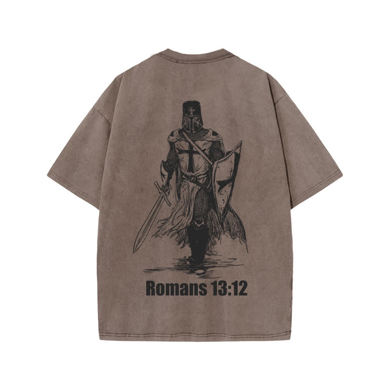 Unisex Romans 13:12 Bring The Weapons Of Light Print Acid Washed T-shirt - Coffee - US20-22(3XL) - image 3