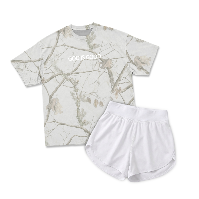 Vintage Camo GOD IS GOOD Print T-Shirt & Short Two Piece Set - White Branch - 2XL - image 9
