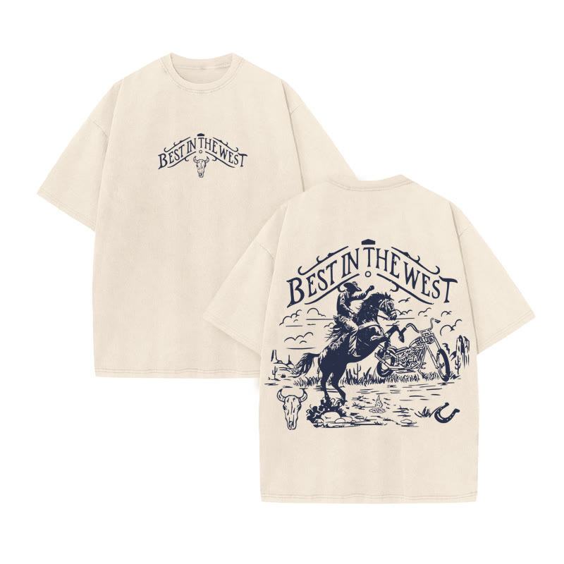 Unisex 100% Cotton BEST IN WEST Western Style Print Acid Washed T-shirt