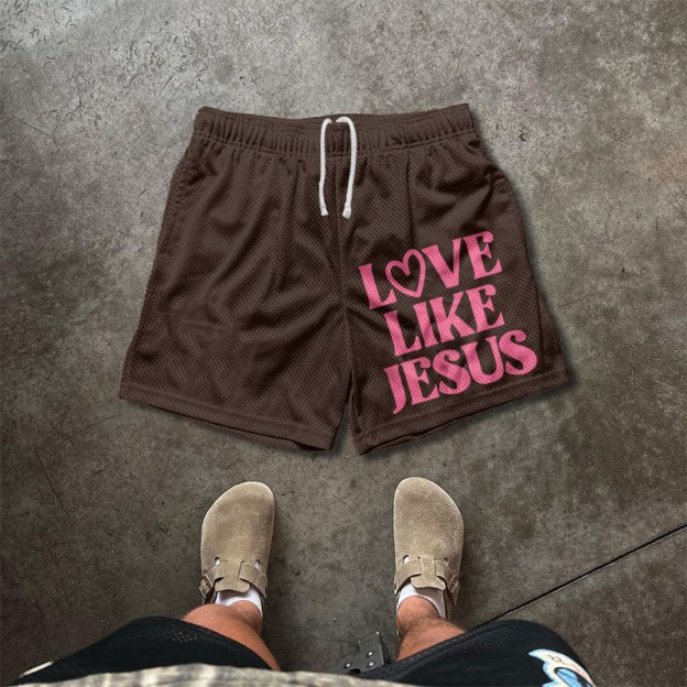 Love Like Jesus Valentine's Day Print Mesh Shorts - Coffee - 5XL - image 5