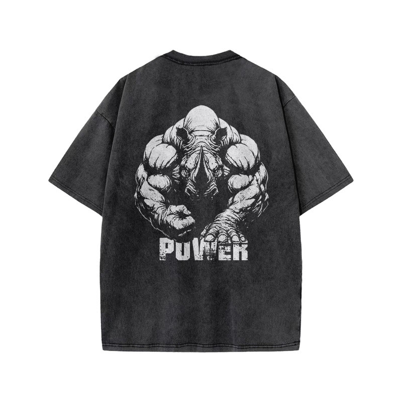 100% Cotton POWER Rhinoceros Gym Print Acid Washed T-shirt - image 3