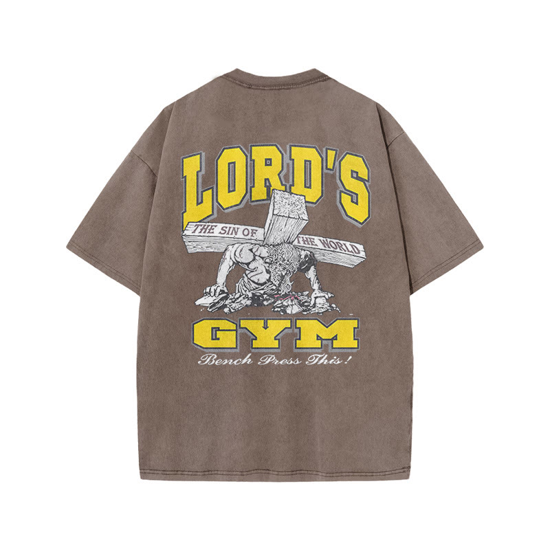 Gym 100% Cotton LORD'S GYM Print Acid Washed T-shirt - Coffee - US20-22(3XL) - image 5