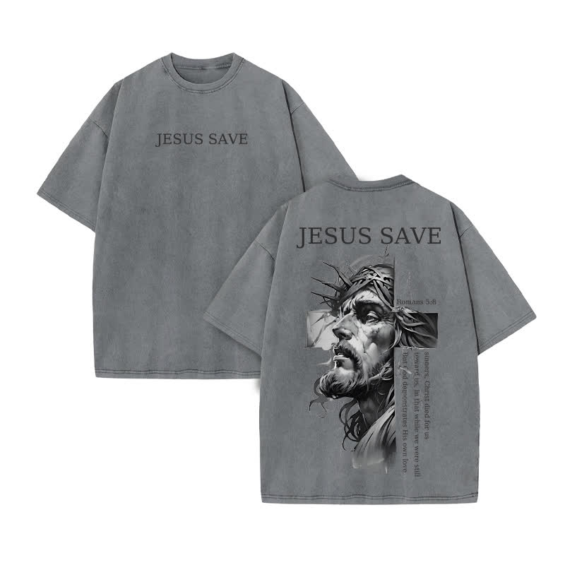 Unisex 100% Cotton Jesus Save Print Acid Washed T-shirt - Grey - US20-22(3XL) - image 5