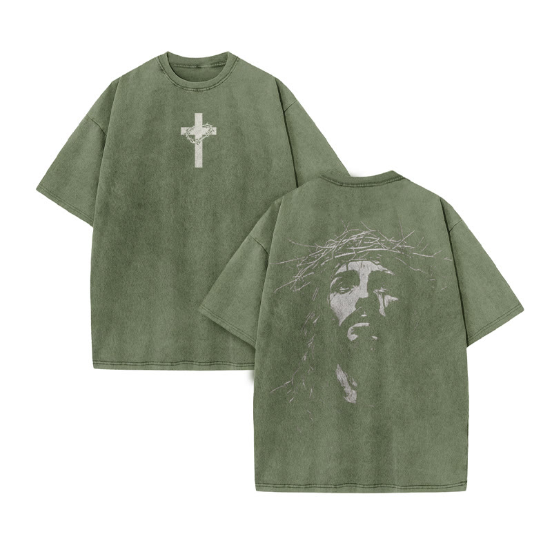 Unisex Jesus Face Print Acid Washed T-shirt - Army Green - US20-22(3XL) - image 9