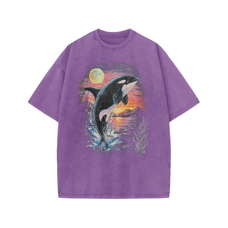 Orca Leaping Out Of The Water Print Acid Washed T-shirt - Purple - US20-22(3XL) - image 6