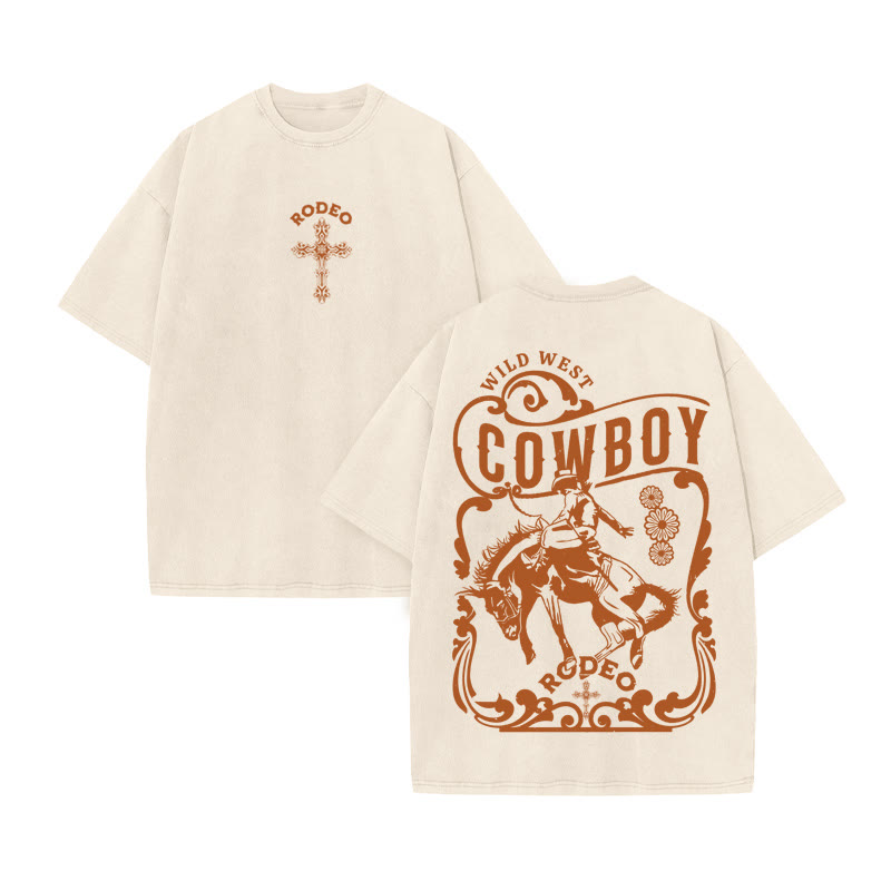 Unisex 100% Cotton RODEO Western Style Print Acid Washed T-shirt