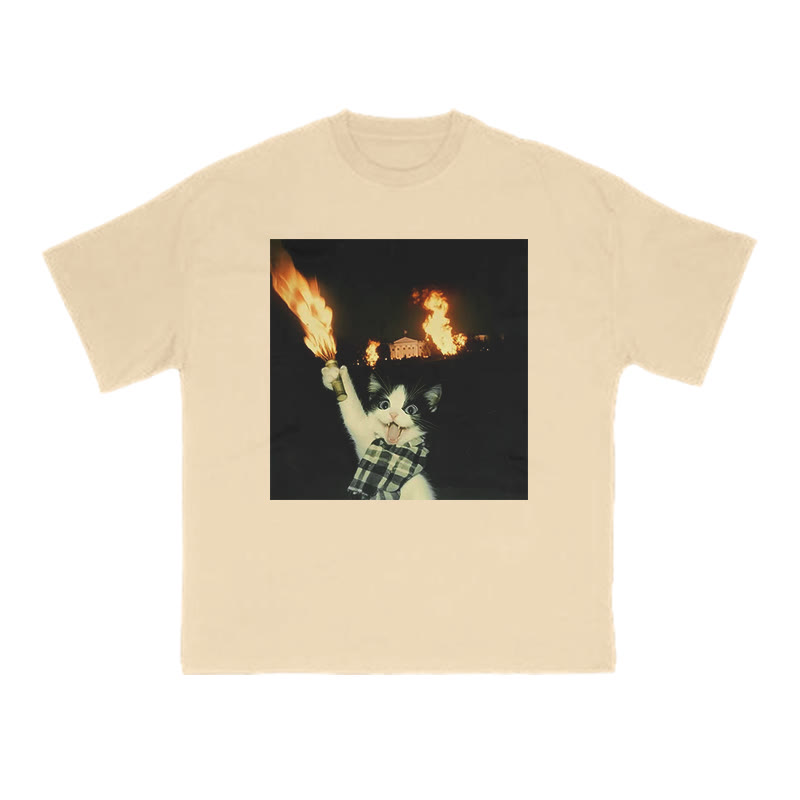 Unisex 100% Cotton Mischievous Cat Print T-shirt - Apricot - US16-18(2XL) - image 5