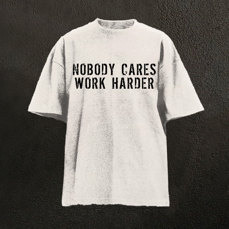 100% Cotton Nobody Cares Work Harder Printed Washed T-shirt - Beige - 2XL - image 4