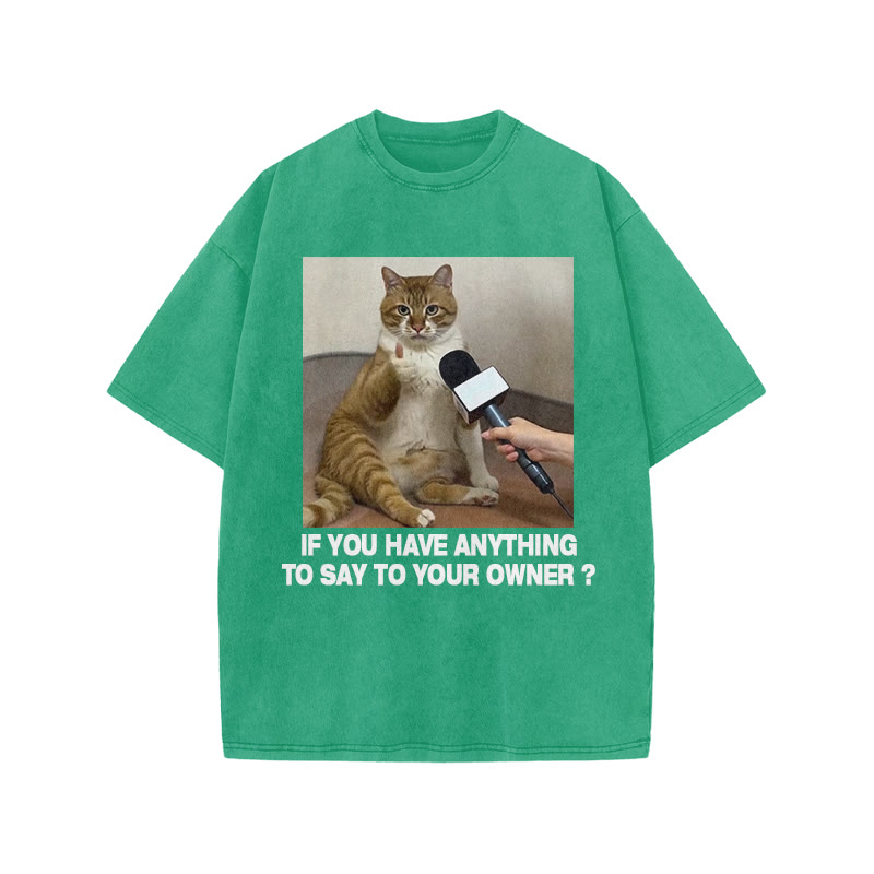 Unisex 100% Cotton Interviewed Cat Print Acid Washed T-shirt - Green - US20-22(3XL) - image 5