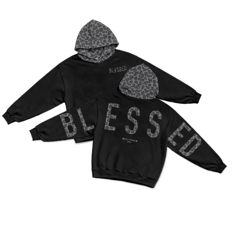 Blessed Matthew 5:3-12 Leopard Design Patchwork Print Causal Hoodie - Black-Grey - US44-46(8XL) - image 4