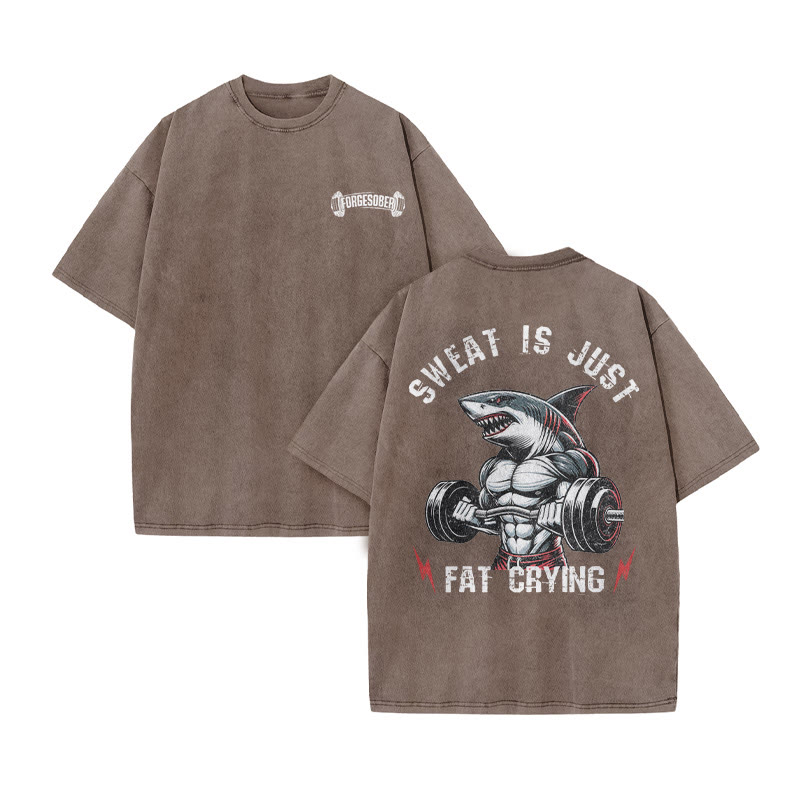 100% Cotton Sweat Is Just Fat Crying Gym Print Acid Washed T-shirt - Coffee - US20-22(3XL) - image 7