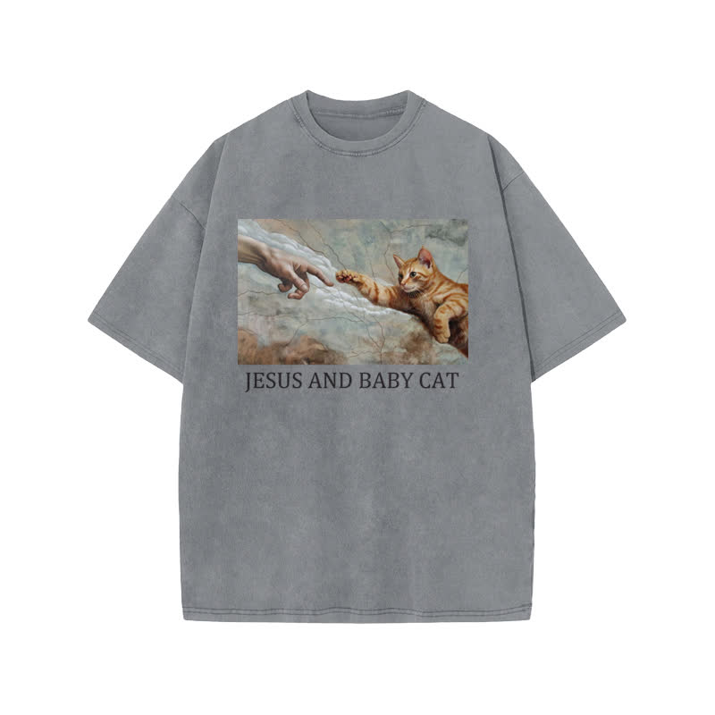 Unisex 100% Cotton Jesus And Baby Cat Print Acid Washed T-shirt - Grey - US20-22(3XL) - image 4