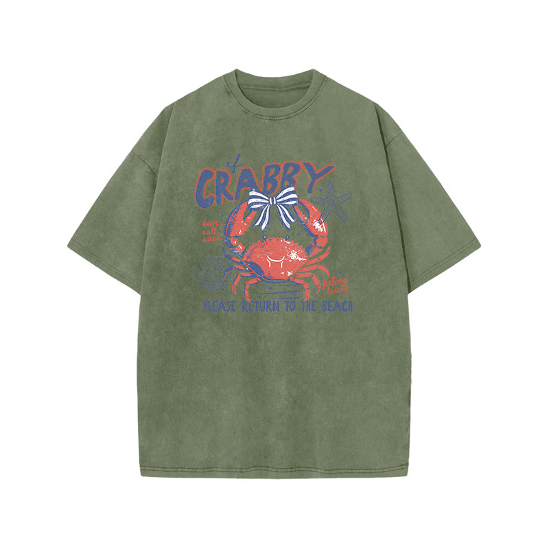 If Crabby Please Return To The Beach Print Acid Washed T-shirt - Army Green - US20-22(3XL) - image 4