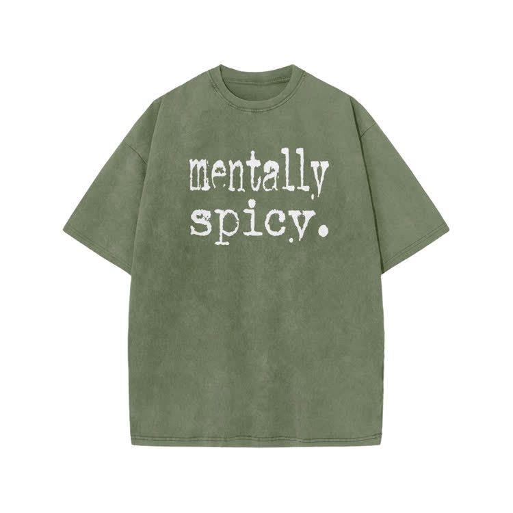 Mentally Spicy Print Acid Washed T-shirt - Army Green - US20-22(3XL) - image 5