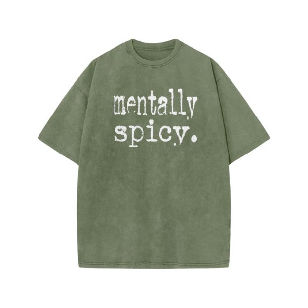 Mentally Spicy Print Acid Washed T-shirt - Army Green - US20-22(3XL) - image 5
