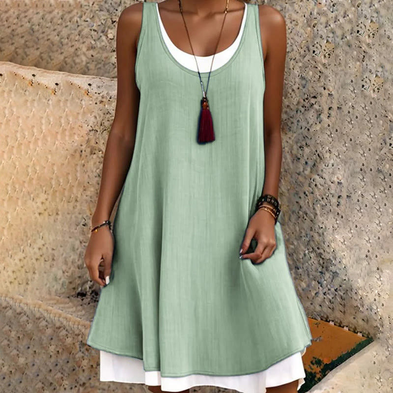 Women's Casual Sleeveless Fake Two-piece Loose Vest Dress - Green - 3XL - image 3