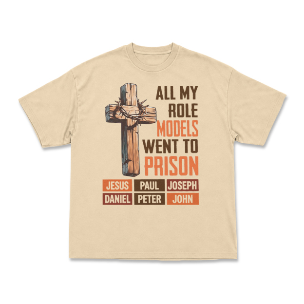 Cross and All My Role Models Went to Prison Statement Graphic T-Shirt - Apricot - US16-18(2XL) - image 5