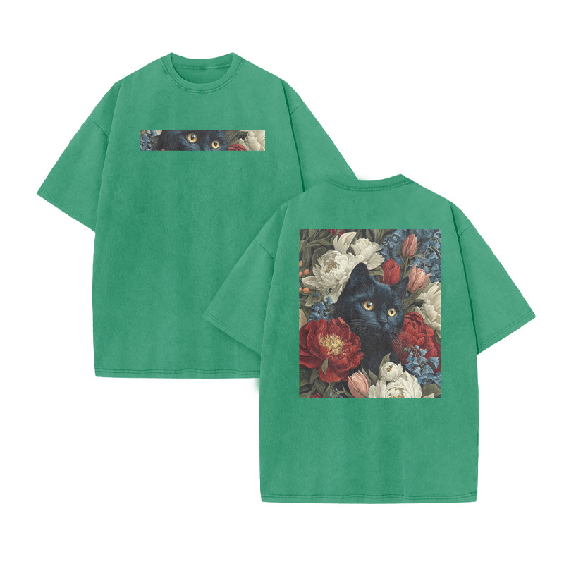 A Black Cat Hidden Among Clusters Of Red-white Peonies Print Acid Washed T-shirt - Green - US20-22(3XL) - image 7