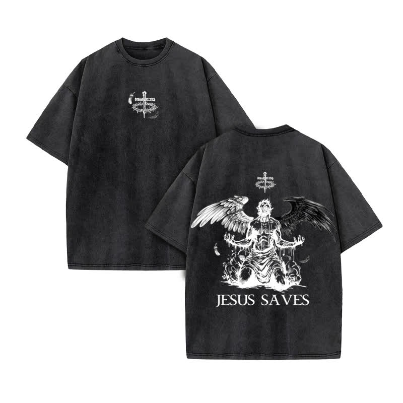 Unisex Jesus Saves Print Acid Washed T-shirt - Black - US20-22(3XL) - image 3