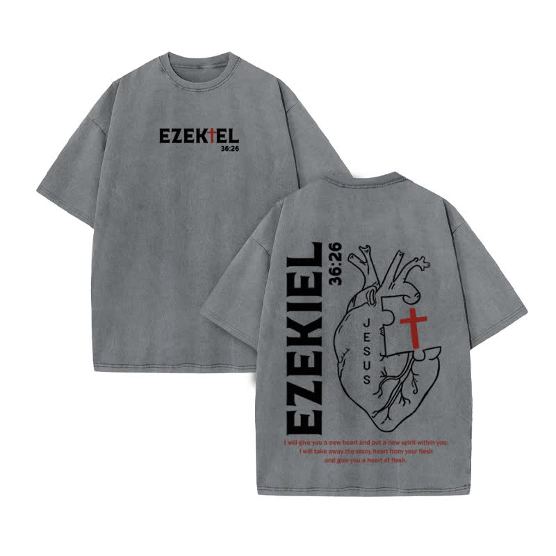 Unisex Ezekiel 36:26 Print Acid Washed T-shirt - Grey - US20-22(3XL) - image 5