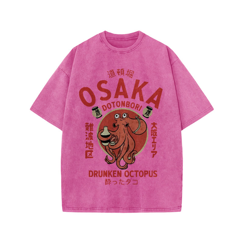Unisex 100% Cotton OSAKA Dotonbori Octopus Vintage Print Acid Washed T-shirt