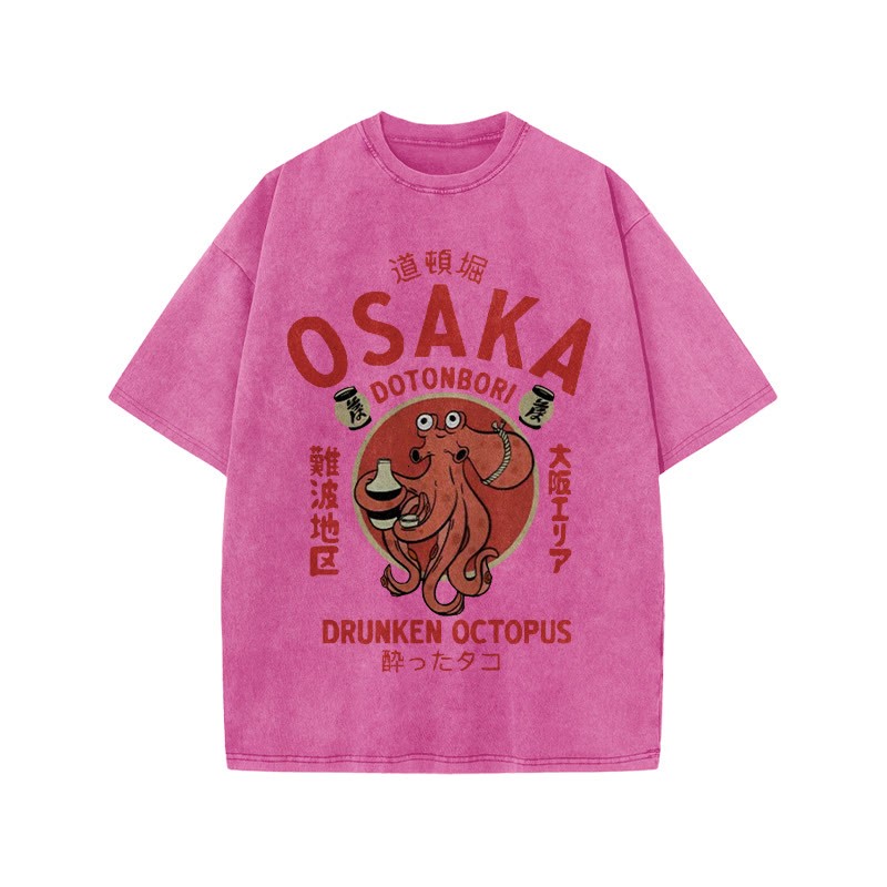 Unisex 100% Cotton OSAKA Dotonbori Octopus Vintage Print Acid Washed T-shirt