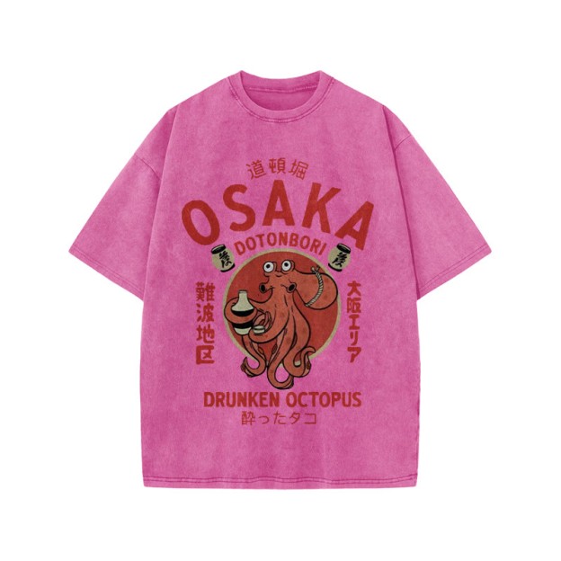 Unisex 100% Cotton OSAKA Dotonbori Octopus Vintage Print Acid Washed T-shirt