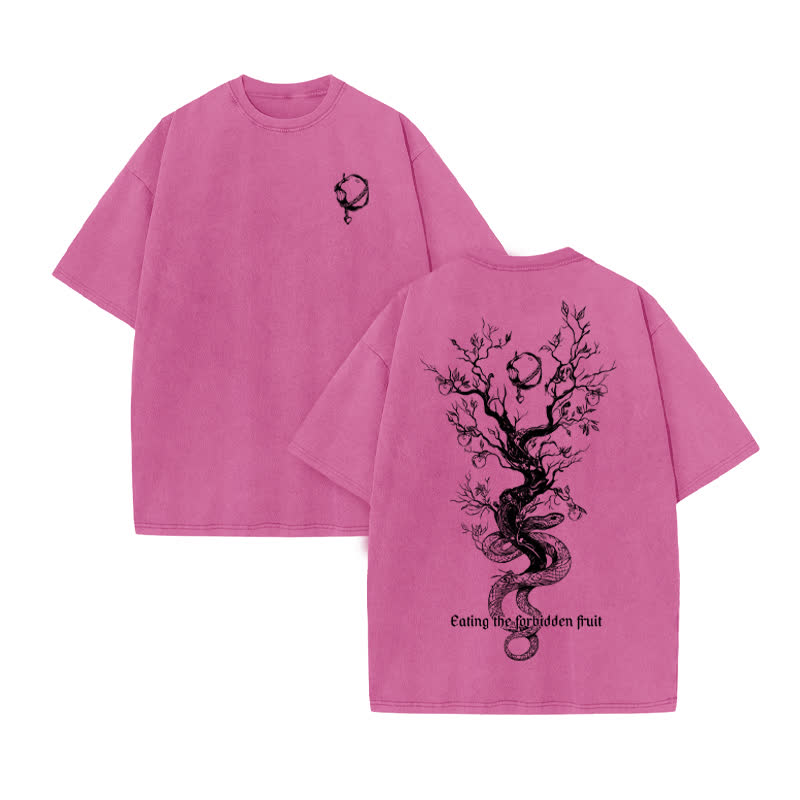 Unisex 100% Cotton Eating The Forbidden Fruit Print Acid Washed T-shirt - Pink - US20-22(3XL) - image 8