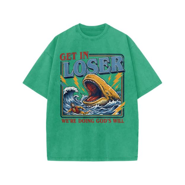 Street Retro Get In Loser Graphic Print Acid Washed T-shirt - Green - US20-22(3XL) - image 9