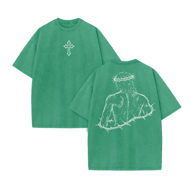 Unisex Not Forsaken Cross Print Acid Washed T-shirt - Green - US20-22(3XL) - image 6