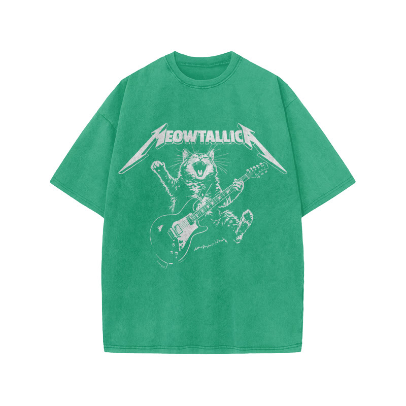 Unisex 100% Cotton Bassist Cat Print Acid Washed T-shirt - Green - US20-22(3XL) - image 6