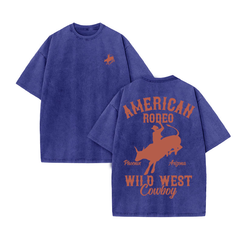 Unisex 100% Cotton RODEO Western Style Print Acid Washed T-shirt