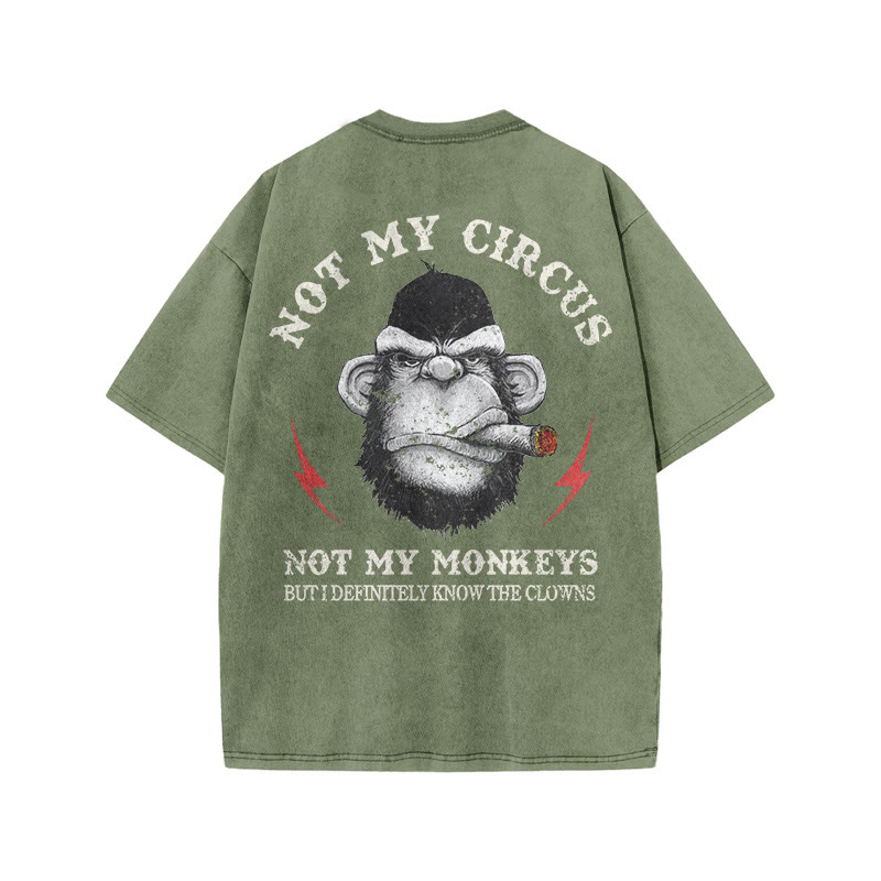 Gym 100% Cotton Not My Circus Print Acid Washed T-shirt - Army Green - US20-22(3XL) - image 6
