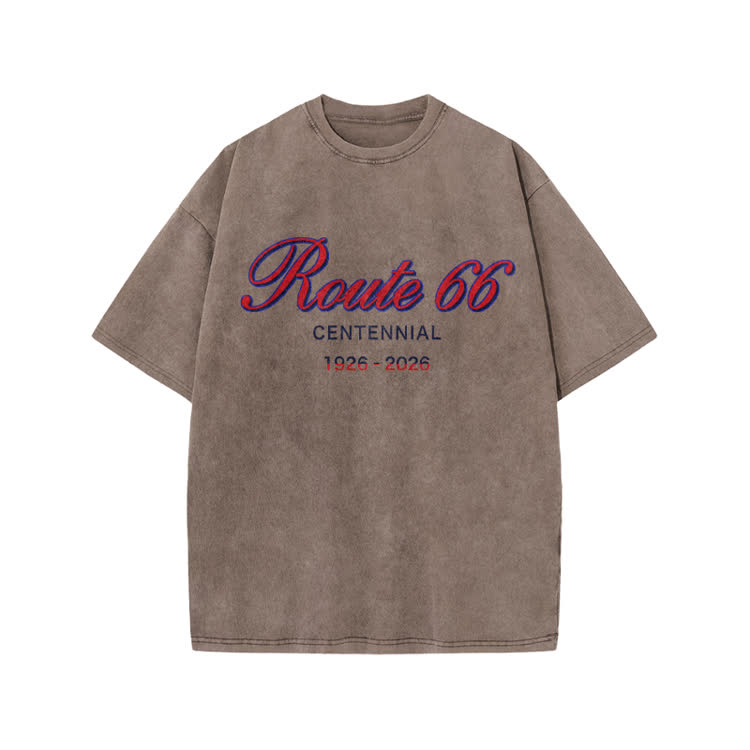 Vintage Route 66 Centennial Print Acid Washed T-shirt - Coffee - US20-22(3XL) - image 6