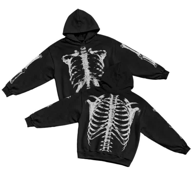 Gothic Skeleton Long Sleeve Pullover Graphic Print Hoodie - Black - US16-18(2XL) - image 3