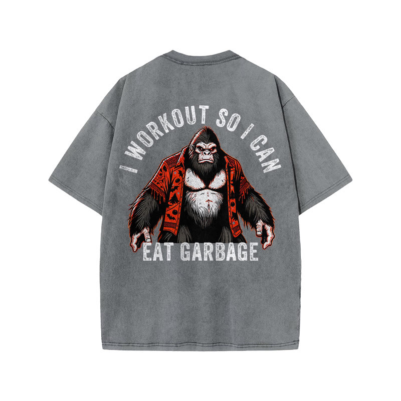 100% Cotton I Workout So I Can Eat Garbage Gym Print Acid Washed T-shirt - Grey - US20-22(3XL) - image 6