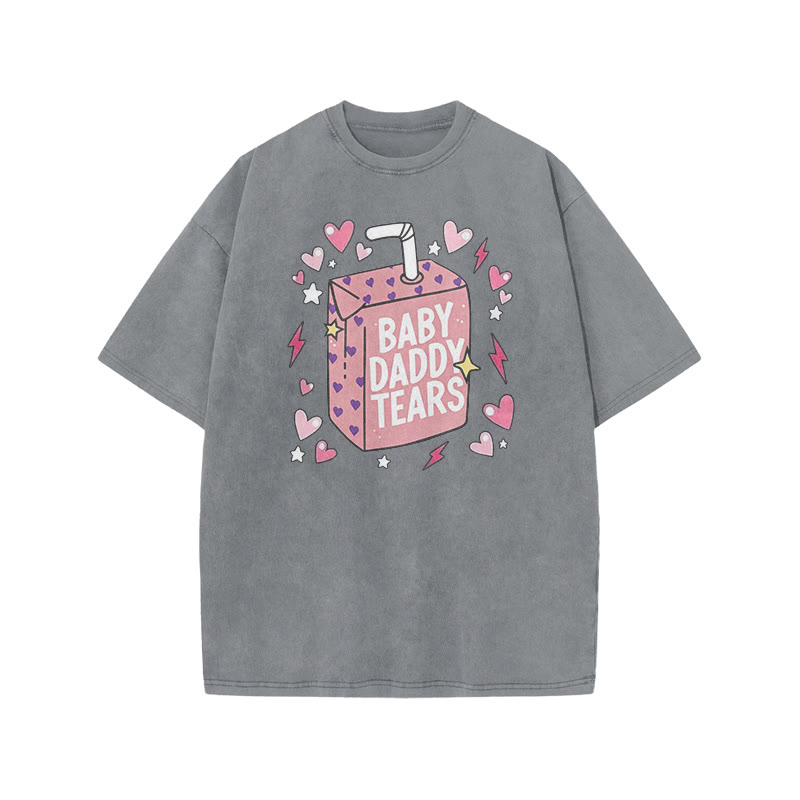 Baby Daddy Tears Print Acid Washed T-shirt - Grey - US20-22(3XL) - image 4