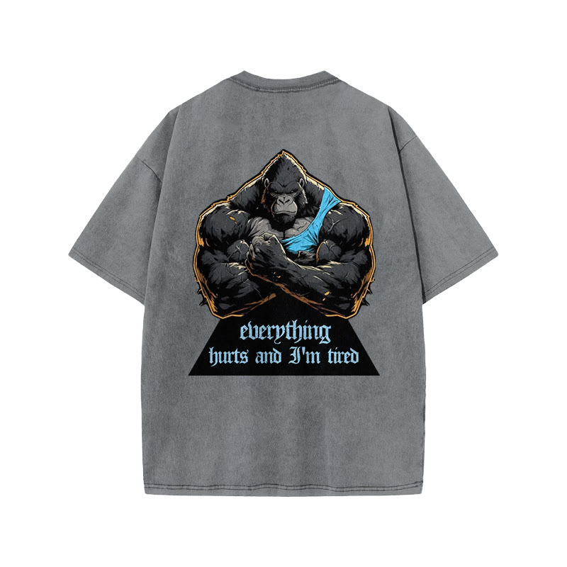 100% Cotton Everything Hurts & I'm Tired Gym Print Acid Washed T-shirt - Grey - US20-22(3XL) - image 5