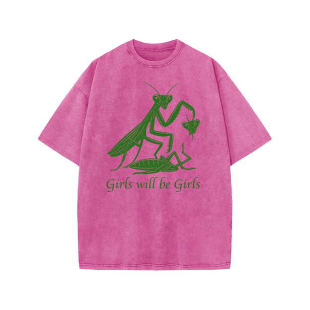 Girls Will Be Girls Print Acid Washed T-shirt - Pink - US20-22(3XL) - image 9
